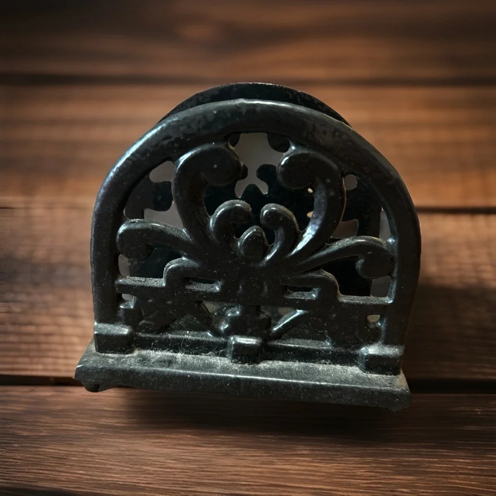 Heavy Black-Coated Cast Iron Napkin Holder Letter Holder Ornate Vintage Decor